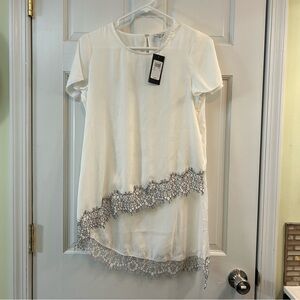 Guess LA Blouse Womens XS White Black Lace Asymetrical NWT Carrie Short Sleeve